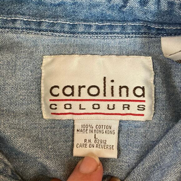 Vintage 90s Carolina Blue Embroidered Teddy Bear Bath Denim Button Up Womens Lg - Picture 8 of 8